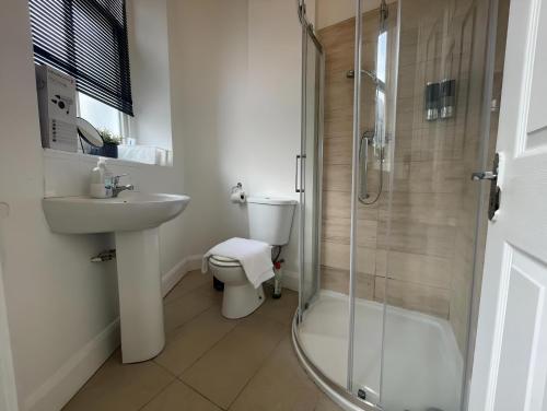 科克Cork city En-suite Single room的浴室配有卫生间、盥洗盆和淋浴。