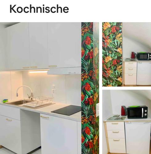 苏黎世25m2 Studio with Kitchen in Zürich的厨房配有白色橱柜和热带壁纸