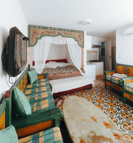 马赫迪耶Maison Albatros的一间卧室配有一张床和一台电视。