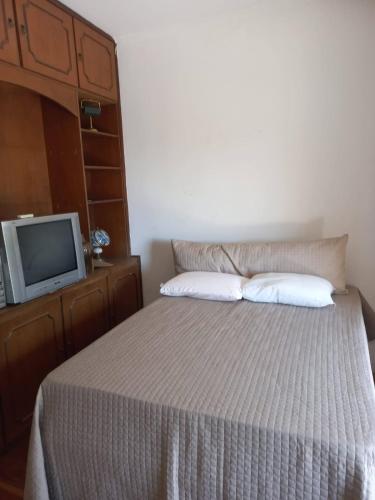 里贝朗普雷托SOBRADO Zona Sul Ribeirao Preto的一张带两个枕头的床和一台电视机