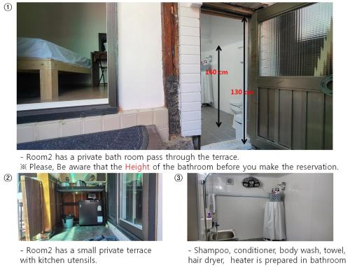 首尔BlueBird Guesthouse - Foreign Only的门的照片和浴室的照片