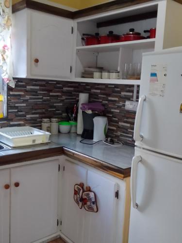 MarigotRiver Splash Apartment & Cottage的厨房配有白色橱柜和白色冰箱。