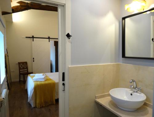 比韦罗Apartamentos Minas de Silvarosa的一间带水槽和镜子的浴室以及一张床