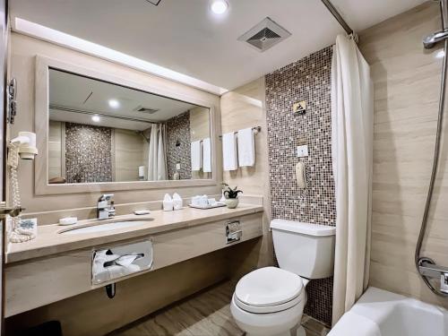 重庆重庆银河大酒店的一间带卫生间、水槽和镜子的浴室
