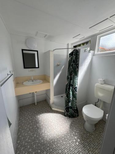 凯恩斯凯恩斯城市汽车旅馆的一间带卫生间和水槽的小浴室