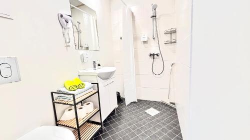 塔尔图Kastanimaja Apartments的白色的浴室设有水槽和卫生间。