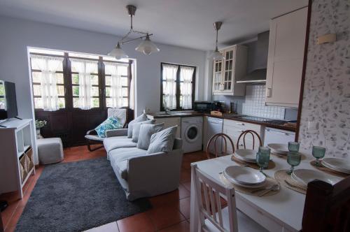 桑提亚纳德玛玛丽亚之家公寓的厨房以及带沙发和桌子的客厅。