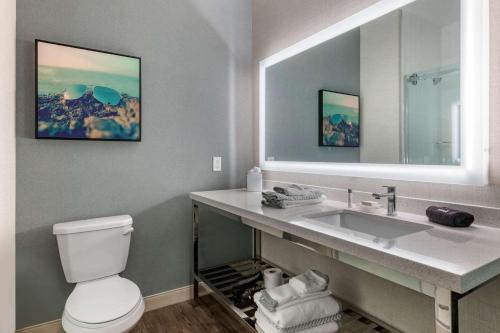 圣徒皮特海滩Cambria Hotel St Petersburg-Madeira Beach Marina的一间带水槽、卫生间和镜子的浴室