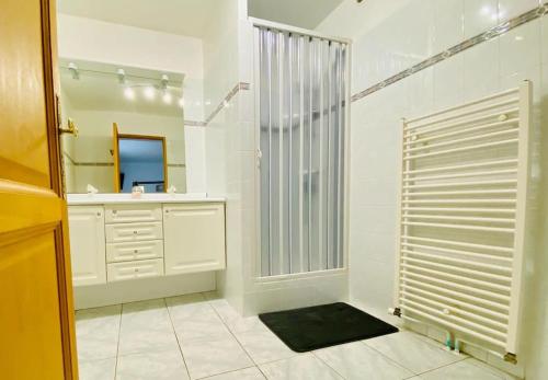 阿赫泽Joli Appartement Proche Plage的带淋浴、盥洗盆和镜子的浴室