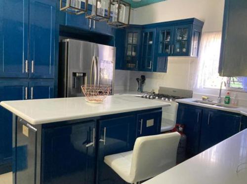 Blissful Retreat in Gravel Hill的厨房配有蓝色橱柜和白色台面