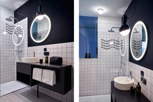 比勒费尔德STAYERY Bielefeld Hauptbahnhof的浴室的两张照片,配有水槽和镜子