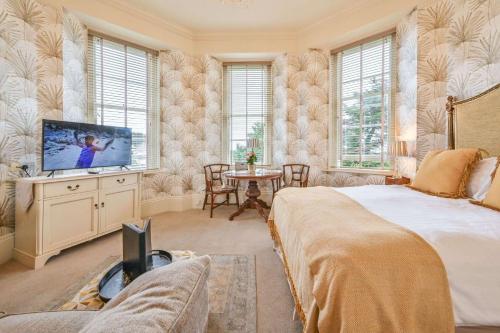 托基Appartement in Torquay mit Terrasse, Grill und Garten的一间卧室配有一张床和一台平面电视
