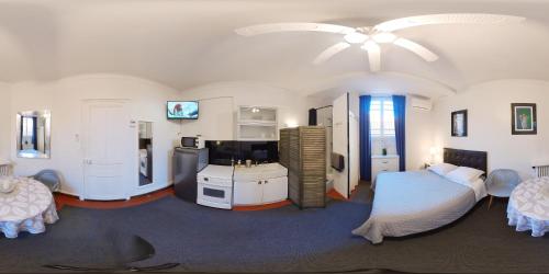 戛纳SeaYouSoon Inn Cannes - Studios的一间卧室配有一张床和一台电视
