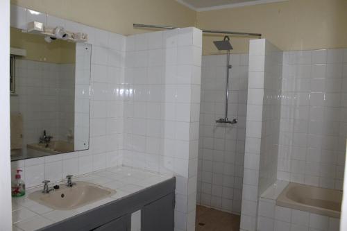利隆圭Cozy Paradise Apartment的白色瓷砖浴室设有水槽和淋浴