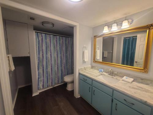 格尔夫海岸Beautiful 3 Bedroom BEACHFRONT Condo (F3) - Sleeps 10的一间带水槽、卫生间和镜子的浴室