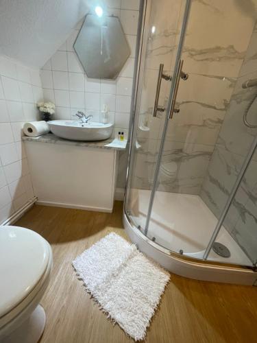 伦敦Trinity House Hotel的带淋浴、盥洗盆和卫生间的浴室