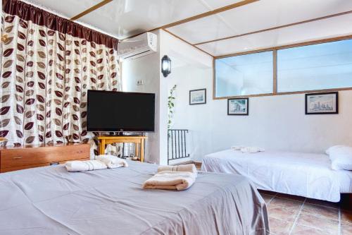 托雷维耶哈Rincón de sol y relax的配有平面电视的客房内的两张床