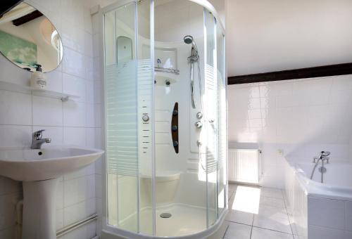 MontpinchonGite La Clef des Champs的带淋浴和盥洗盆的白色浴室