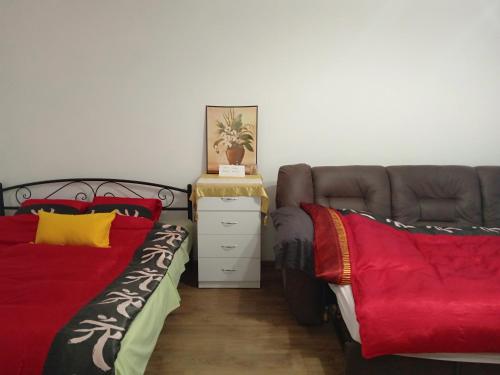利沃夫Апартамент в Новобудові Стрийська Автовокзал的一间带两张床和一张沙发的卧室