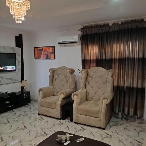 IkoroduJ Lounge的客厅配有两把椅子和电视