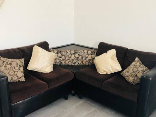 墨西卡利Bonito y cómodo departamento 2R的两张带枕头的棕色皮沙发
