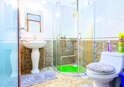 内罗毕Tribal Themed 3BR Penthouse的带淋浴、卫生间和盥洗盆的浴室
