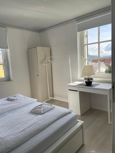 沃尔特湖畔韦尔登Apartment in Velden am Wörthersee, Top 4的一间卧室配有一张床、一张书桌和一个窗户。