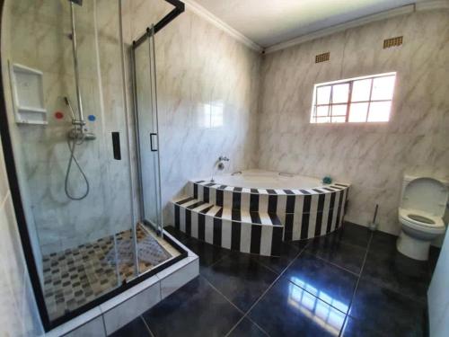 哈博罗内Homey Guesthouse的带淋浴、浴缸和卫生间的浴室