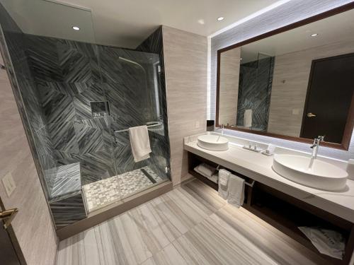奥本Muckleshoot Casino Resort的一间带水槽和淋浴的浴室