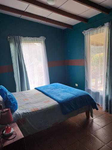圣何塞Casa #6 cabinas san gerardo的一间卧室配有一张蓝色墙壁和窗户的床