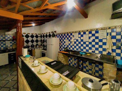 伦索伊斯Chapadão Hostel的厨房的墙壁上铺有蓝色和白色的瓷砖。