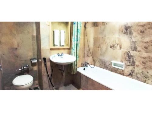 坤甸坤甸梅尔帕提酒店的浴室配有盥洗盆、卫生间和浴缸。