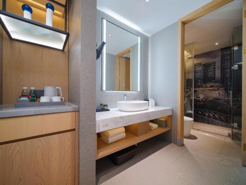 成都丽柏酒店成都武侯祠的一间带水槽和镜子的浴室