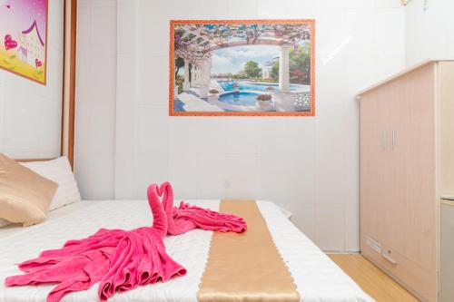 芹苴Motel Hoài An的床上的粉红色毯子