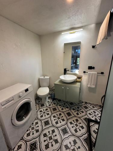 博德鲁姆Gaia Tiny Houses Butik Hotel的一间带水槽和洗衣机的浴室