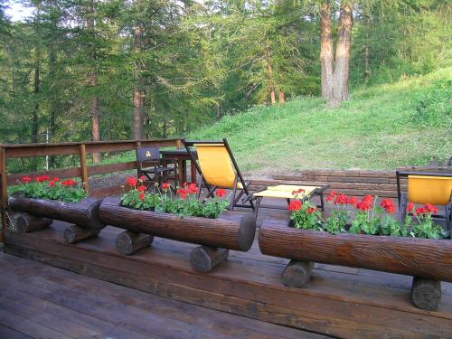 萨奥兹-杜尔克斯伊尔卡普利科诺小木屋酒店的一个带两把椅子和一张桌子及鲜花的甲板