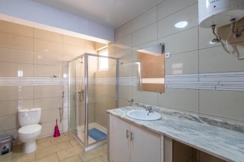 明德卢Maya Apartments的一间带水槽、卫生间和淋浴的浴室
