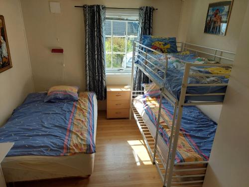 奥勒松Ålesund Apartment with free parking的一间卧室设有两张双层床和一扇窗户。