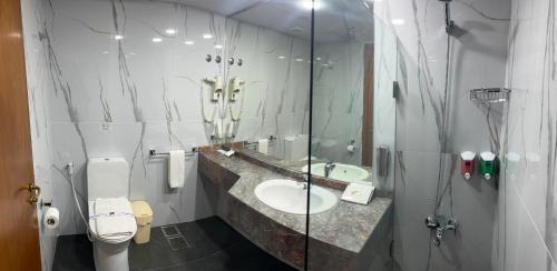 贝鲁特El Sheikh Suites Hotel的一间带水槽、卫生间和镜子的浴室