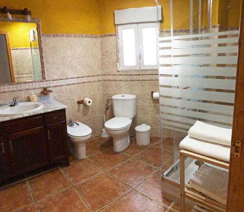 圭哈尔谢拉CASA MARIBEL的一间带卫生间、水槽和镜子的浴室