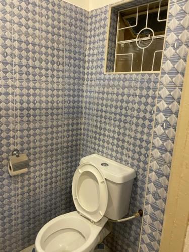 MauaSanrod Hotel Maua的一间带卫生间的浴室和蓝色瓷砖墙壁。