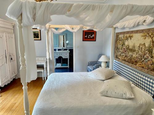 Tournon-Saint-Pierre莱斯莱瓦莱酒庄酒店的一间卧室配有一张带天蓬的白色床
