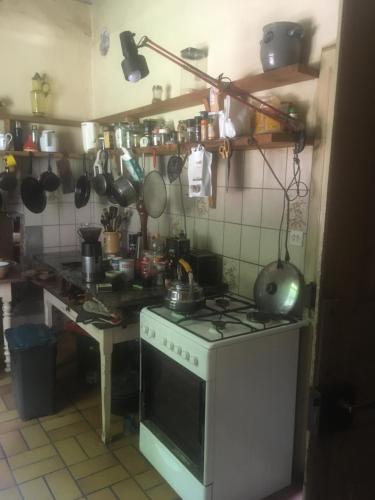 Soultzbach-les-BainsLes anciens thermes的厨房配有炉灶和带锅碗瓢盆的台面。