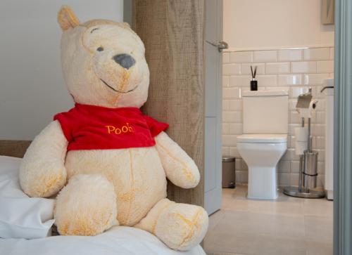 巴克斯顿Modern Buxton Town House的浴室里床边的泰迪熊