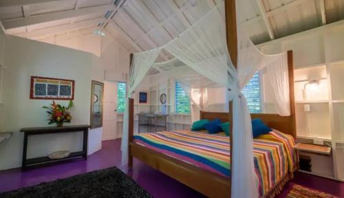 圣佩德罗Feather's Guesthouse的一间卧室配有一张带天蓬的床