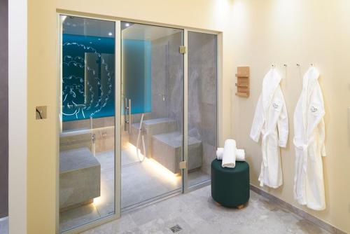 施托尔贝格哈尔茨Naturresort & Spa Schindelbruch的带淋浴和玻璃淋浴间的浴室