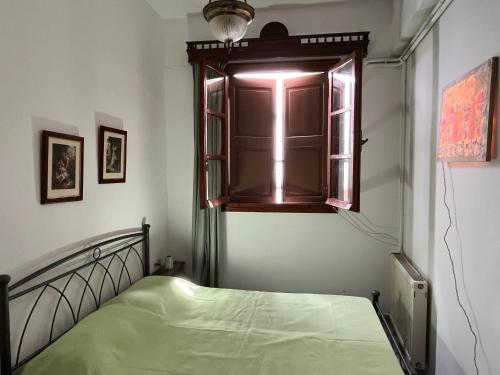 ApérathosPartarolos Traditional House的一间卧室设有一张绿色的床和一个窗户。