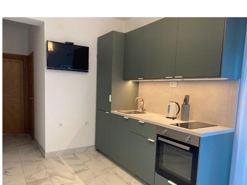 沃迪切Apartment Lena的厨房配有绿色橱柜和水槽