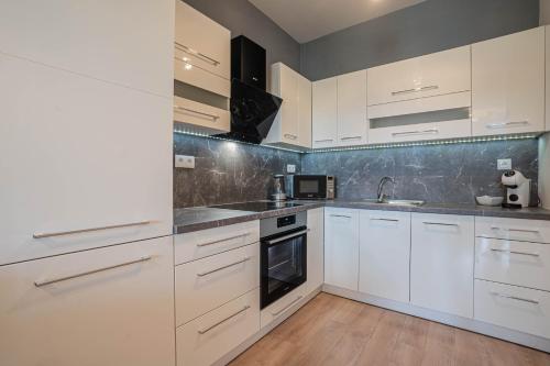 多瑙斯特雷达KARINA APARTMAN的白色的厨房配有白色橱柜和水槽