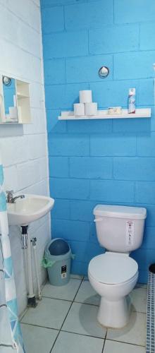 拉利伯塔德Mini casa a dos cuadras de la playa, muy cerca del comercio local的蓝色的浴室设有卫生间和水槽